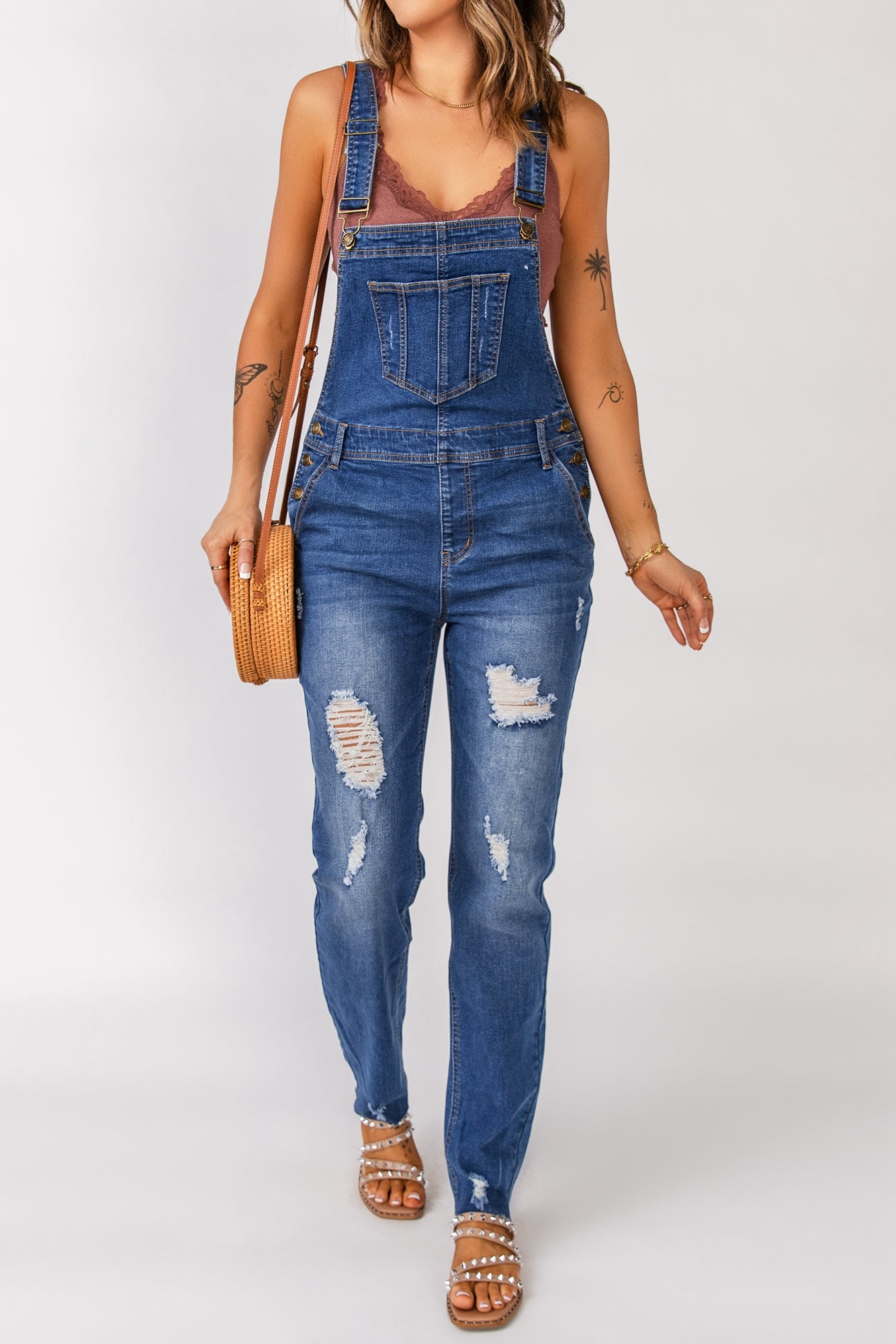 Wanxear Women's High Waist Ripped Denim Overall